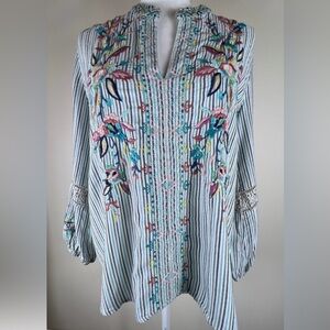 Johnny Was Striped Embroidered Painters Shirt Tunic, Size Small